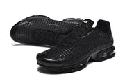 Pair of black Nike Air Max Plus VII sneakers, side and top views