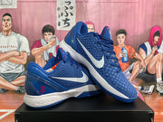 Angled view of blue Nike basketball sneakers displaying the white swoosh, red accents, textured upper and blue outsole.