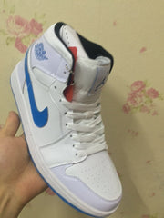 Angled side view showing the blue Swoosh, white upper, and high-top ankle construction.
