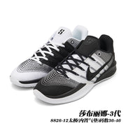 Black and white Sabrina 3 basketball shoes with contrasting Swoosh details; caption gives style code 8826-12 and sizes 36–46.