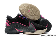 Black and pink Nike LeBron 22 sneakers with beige and black outsoles and pink accents.