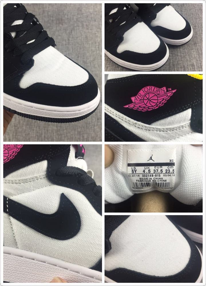 Close-up collage showing the black-and-white toe box, pink tongue branding, side panel, and size label.