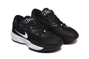 Three-quarter view of the black and white Nike sneaker pair with mesh-textured uppers and white midsoles.
