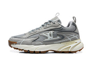 Side profile of a grey Louis Vuitton sneaker with layered panels