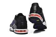 Rear and outsole views of black and purple Nike Air Max Plus III sneakers.
