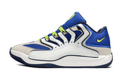 Side view of white and royal blue Nike KD 18 basketball sneakers with lime accents.