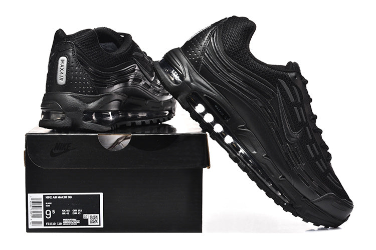 Black Nike Air Max 97 OG sneakers displayed with a shoe box