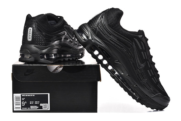 Black Nike Air Max 97 OG sneakers displayed with a shoe box