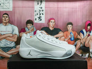 Side profile of a white and light gray sneaker showing the low-cut shape, side Jumpman logo, and visible AIR ZOOM lettering.