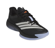 Black basketball sneaker with silver three-stripe detailing and a pale translucent outsole.