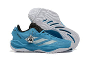 Side view of blue Adidas Adizero shoes with light-colored stripes and a basketball-themed hangtag