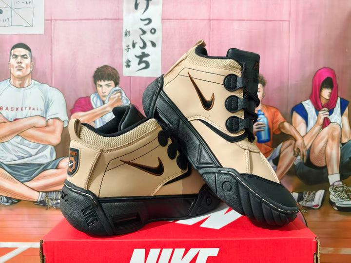 Pair of khaki and black Nike Bo Turf high-top sneakers shown at an angle.