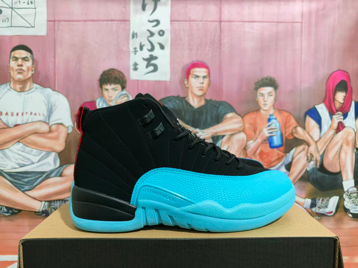 Side view of black and bright blue high-top Jordan basketball sneakers displayed on a shoebox.