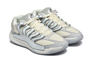 Pair of gray and white Nike KD sneakers shown from a front three-quarter side angle.