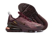 Burgundy Nike Air Max 270 Premium sneakers shown from the side and outsole.