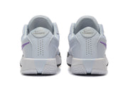Rear view of pale grey Nike shoes with purple side accents and perforated heel panels
