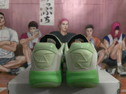 Rear view of the pair showing the padded green heel sections and sculpted heel construction.