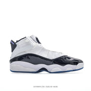 Lateral side profile showing the high-top silhouette, white upper, black overlay and blue outsole edge.
