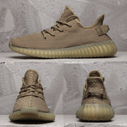 Composite product image showing side and front views of the brown-tan sneakers.