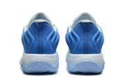 Rear view of the shoes showing blue heels and patterned outsoles