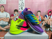 Angled view of both mismatched sneakers, showing the side Swoosh branding, colorful panels, and translucent-looking outsoles.