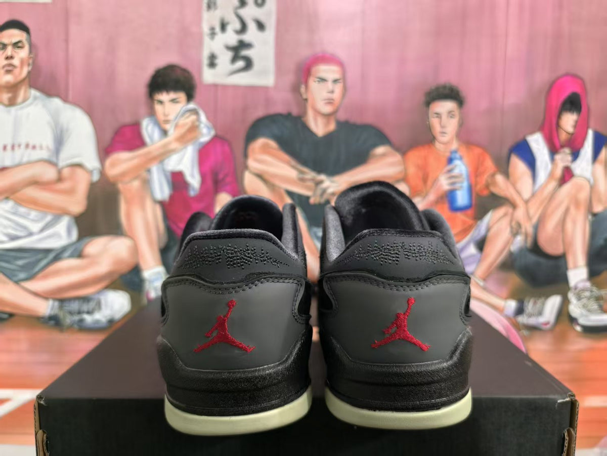 Rear view of black and grey sneakers with red Jumpman logos and light-colored outsole sections, displayed on a black box.