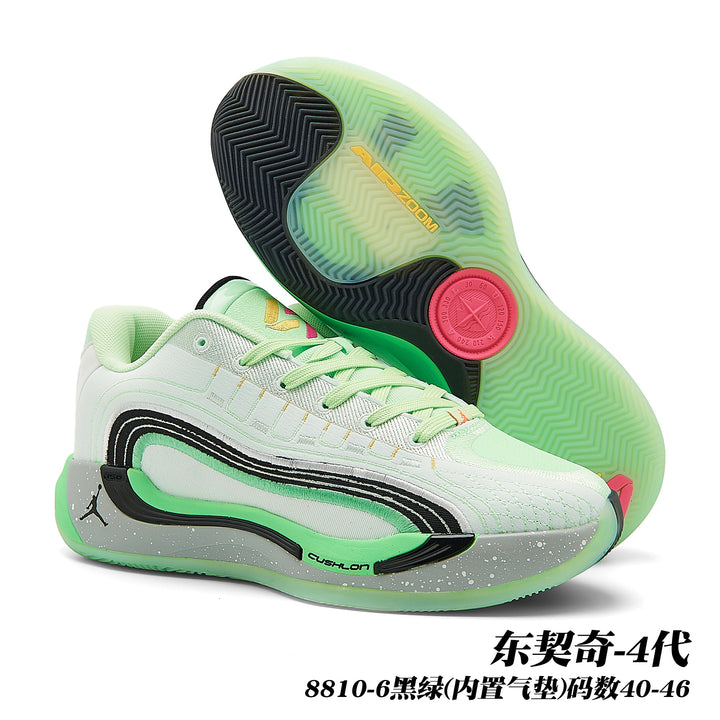 Green and white Jordan Luka 4 basketball sneakers with black side detailing, a translucent green outsole and visible Zoom marking.