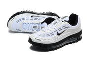 Pair of white and black Nike Air Max Plus 3 sneakers shown from above and at an angle