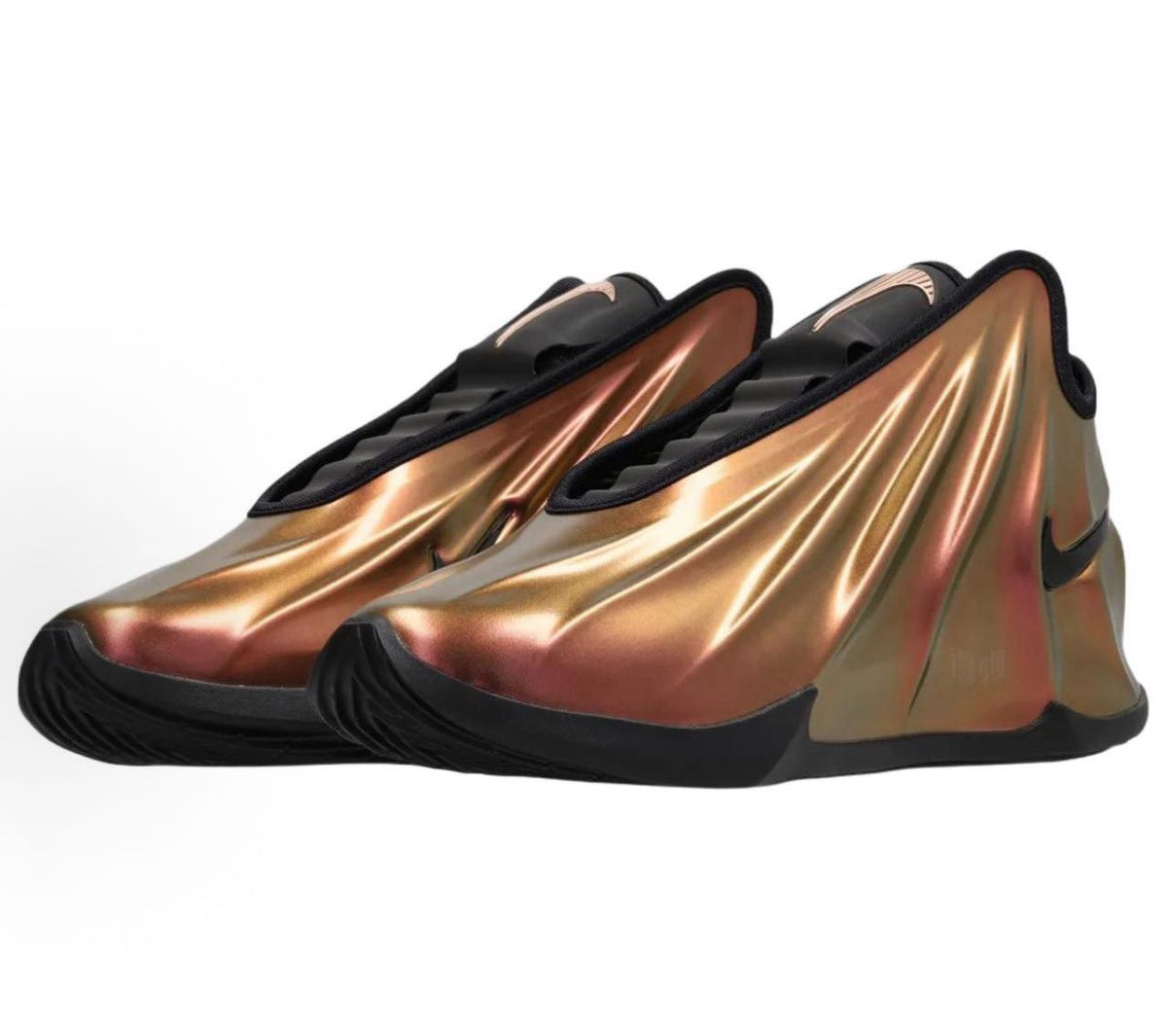 Pair of Nike high-top sneakers with a reflective copper-toned upper, black trim, black outsole, and visible Swoosh branding.