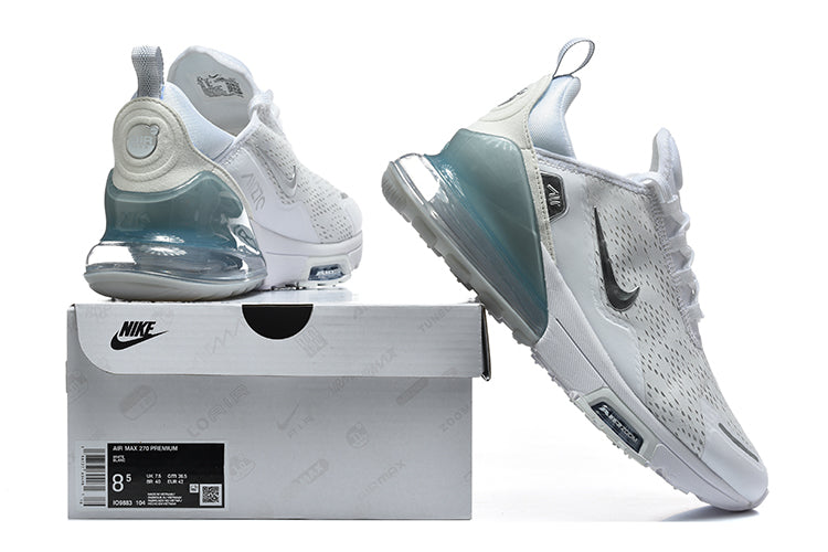 Nike Air Max 270 Premium sneakers in white and teal displayed with a shoe box; the box label shows one sample size.