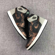 Side-by-side view showing the Air Jordan wing branding and contrasting upper panels.