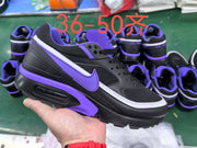 Black and purple Nike sneakers shown with red text indicating sizes 36–50.