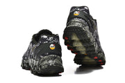 Rear view showing the patterned uppers, heel details, and outsoles of the sneakers.