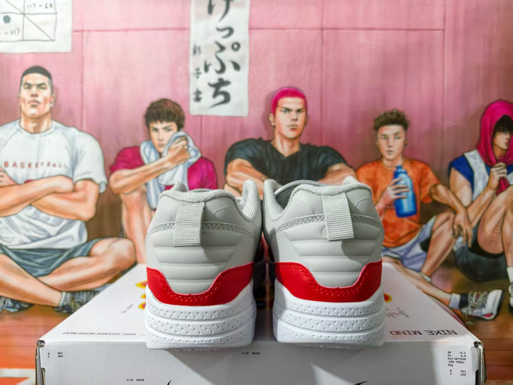 Rear view of white, gray, and red Nike sneakers on a shoebox