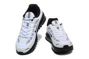 Top and front views of white and black Nike Air Max Plus 3 sneakers