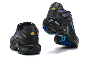 Rear and outsole views of Nike Air Max Plus sneakers with blue outsole accents.