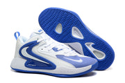 White and blue Nike basketball sneaker with a blue textured outsole; style code FQ7070-108 is identified in the source caption.
