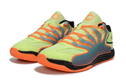 Pair of lime and orange Nike KD 18 sneakers viewed from the front.