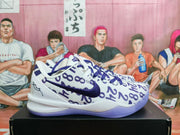 Side profile showing the purple Nike Swoosh, graffiti-style lettering, padded collar, and translucent purple outsole.