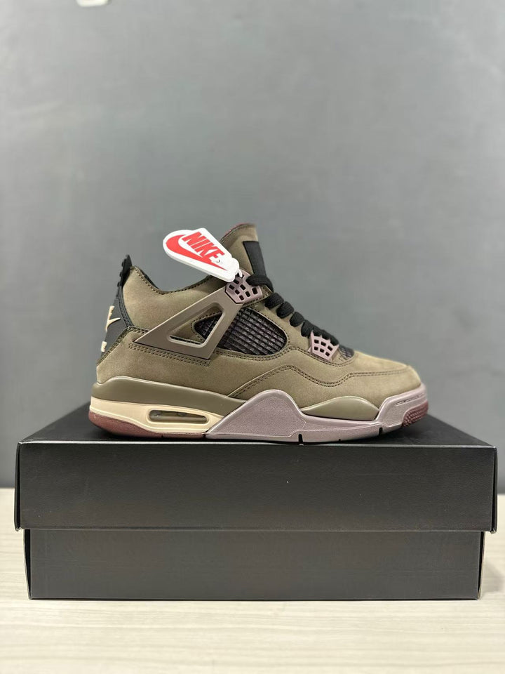 Side profile of the dark mocha and olive-brown Jordan Air Jordan 4 Retro SP displayed on a black shoebox.