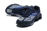 Top and angled views of navy, silver-gray, and blue Nike Shox Ride 2 sneakers.