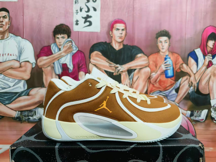 Side view of brown and cream Jordan Luka 2 basketball shoes