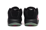 Rear view of the black basketball shoes showing padded collars, black heel sections, and translucent outsole edges.