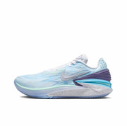 Pale blue Nike GT Cut 2 sneaker with a silver Swoosh, purple heel section, and turquoise side accent.