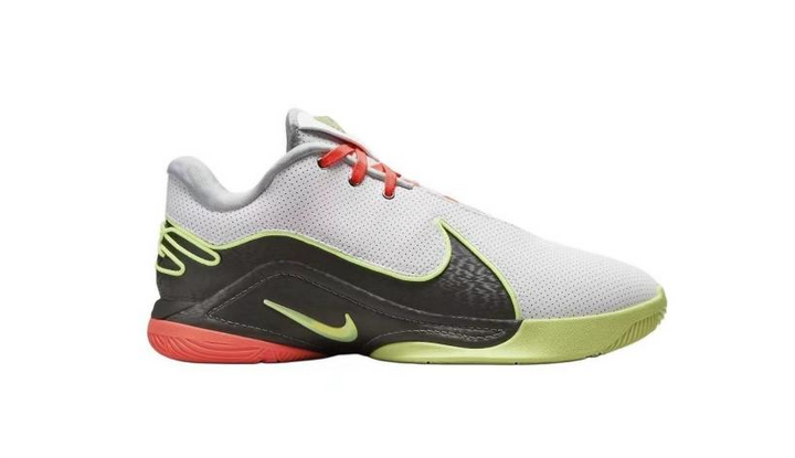 Side view of gray Nike LeBron 22 basketball shoes with dark panels, lime accents, and red details