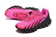 Pair of pink and black Air Max DN 8 sneakers shown at an angled front view.
