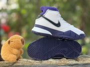 Stacked view showing the sneaker upper and patterned purple outsole