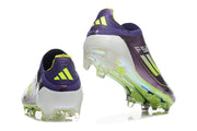 Heel and outsole views of purple and lime adidas F50 soccer cleats.
