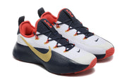 Pair of white, navy, red, and gold Nike LeBron TR1 shoes