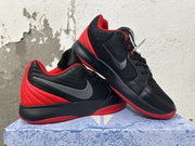 Pair of black and red Nike basketball shoes shown from the side and at an angle.